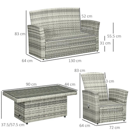 Set da Giardino 4pz in Rattan Grigio con Tavolo ad Altezza Regolabile, 2 Poltrone Reclinabili e Divano 2 Posti  860-276V00LR