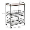 Carrello da Cucina Portavivande Stile Industriale con 4 Ruote, 2 Cestini e 4 Ganci, 60x38x85.5cm, Marrone Nero FT9801-225FT9