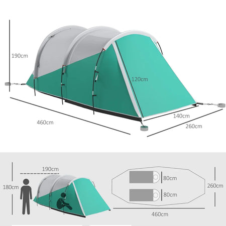 Tenda da Campeggio 2-4 Posti Impermeabile a Tunnel con Borsa di Trasporto, 460x260x190 cm, Verde ED3A20-399V00GNED3