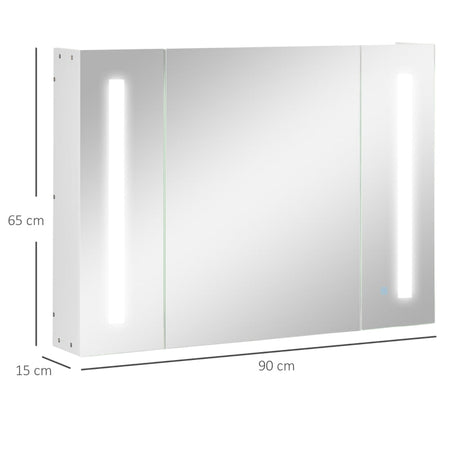 Armadietto Specchiera da Bagno con 3 Armadietti, 3 Ripiani e Luce LED, 90x15x65 cm, Bianco UJ2834-416WTUJ2