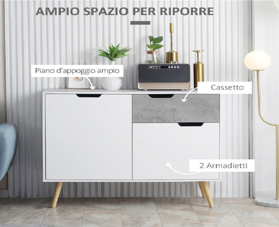 Mobile da Salotto con 2 Armadietti a 2 Ante e Cassetto in legno Pino, 100x40x82 cm, Grigio e Bianco mobile tv credenza madia F838-196LGA