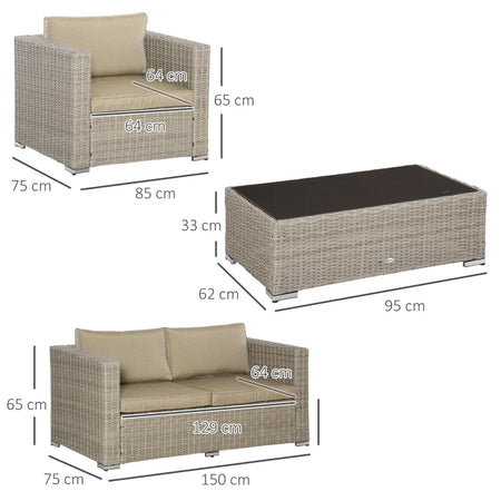 Set 4 Pz Salotto da Esterni in Rattan con 1 Divano, 2 Poltrone e 1 Tavolino, Kaki e Beige 860-211