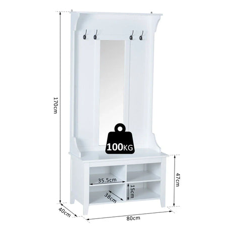 Appendiabiti Attaccapanni da Terra con Specchio Scarpiera 4 Ganci Legno 80x40x170cm Bianco HU7831-226HU7