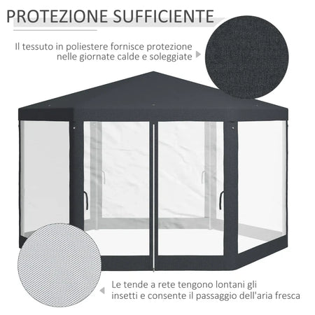 Gazebo da Giardino Esagonale con Doppio Ingresso, in Metallo e Poliestere, 3.94x3.94x2.5 m, Grigio  84C-044V02CG