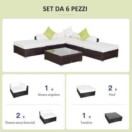 Mobili da Giardino in Rattan PE con Divano Angolare e Pouf con Cuscini telaio Set da 18 Pezzi, Marrone  100110-027BN