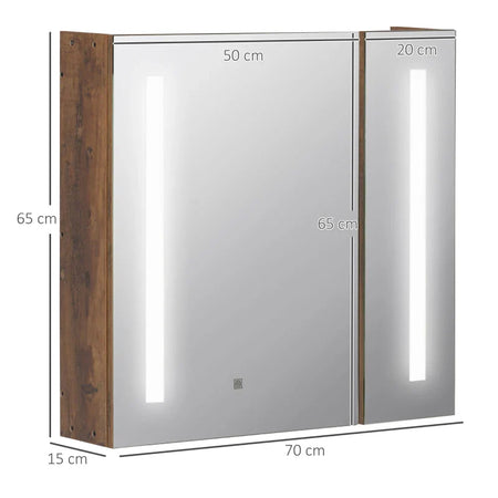 Specchiera Bagno con Luci LED Regolabili, 2 Ante e Mensola Regolabile, 70x15x65cm, Marrone YH9834-442YH9
