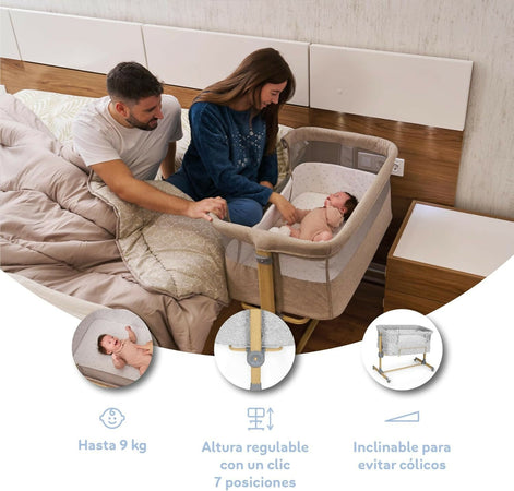 MS Sleepy - Culla Neonato Fianco Letto, Compatibile Con Diversi Letti, Altezza Regolabile, Inclinabile, Buona Circolazione Dell'Aria, Materasso E Borsa Inclusi, Zanzariera di serie inclusa, lacci inclusi, colore GRIGIO con effetto legno