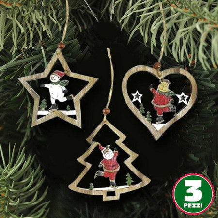 3PZ APPENDINI NATALE IN LEGNO FORMA STELLA ALBERO CUORE CON PERSONAGGIO 10,5CM  Trade Shop italia - Napoli, Commerciovirtuoso.it