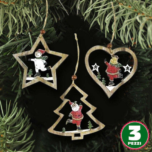 3PZ APPENDINI NATALE IN LEGNO FORMA STELLA ALBERO CUORE CON PERSONAGGIO 10,5CM  Trade Shop italia - Napoli, Commerciovirtuoso.it