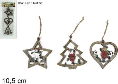 3PZ APPENDINI NATALE IN LEGNO FORMA STELLA ALBERO CUORE CON PERSONAGGIO 10,5CM  Trade Shop italia - Napoli, Commerciovirtuoso.it