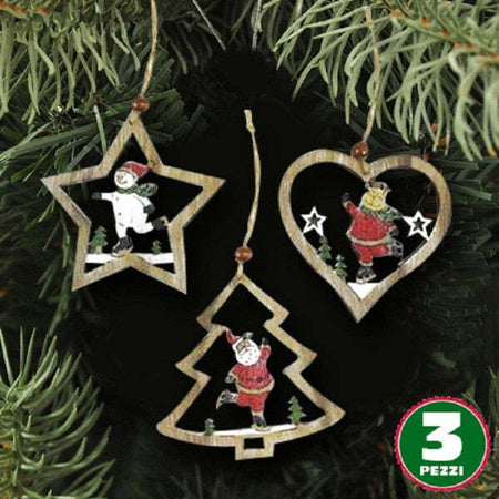 3pz-Appendini-Natale-In-Legno-Forma-Stella-Albero-Cuore-Con-Personaggio-10,5cm