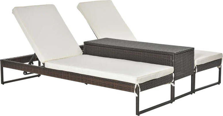 3pz-Componibile-2-Lettino-Prendisole-da-Giardino-(60-x-195-x-86cm)-e-1-Tavolino-(121-x-40-x-50cm)-Rattan-con-Materassini,-Marrone-e-Bianco-Crema-862-022BN
