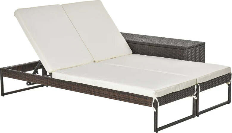3pz-Componibile-2-Lettino-Prendisole-da-Giardino-(60-x-195-x-86cm)-e-1-Tavolino-(121-x-40-x-50cm)-Rattan-con-Materassini,-Marrone-e-Bianco-Crema-862-022BN