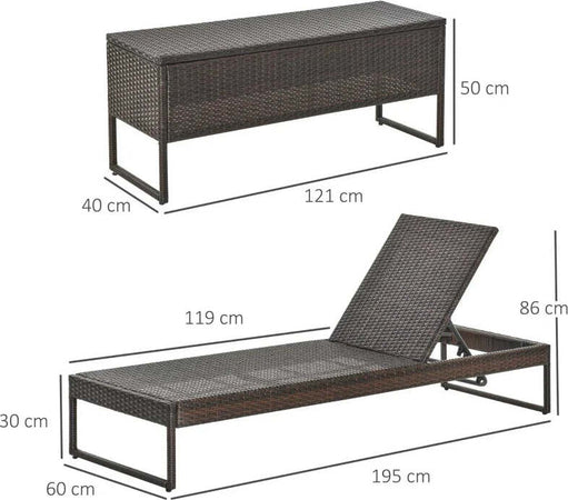 3pz-Componibile-2-Lettino-Prendisole-da-Giardino-(60-x-195-x-86cm)-e-1-Tavolino-(121-x-40-x-50cm)-Rattan-con-Materassini,-Marrone-e-Bianco-Crema-862-022BN