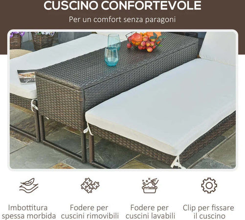3pz-Componibile-2-Lettino-Prendisole-da-Giardino-(60-x-195-x-86cm)-e-1-Tavolino-(121-x-40-x-50cm)-Rattan-con-Materassini,-Marrone-e-Bianco-Crema-862-022BN