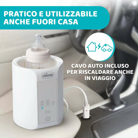 CHICCO Scaldabiberon Portatile da Viaggio e Scalda Pappa con 3 Programmi e Spegnimento Automatico, Scalda in Modo Graduale, Anche per Vasetti e Latte Materno, Mantiene il Calore, 220W, Bianco