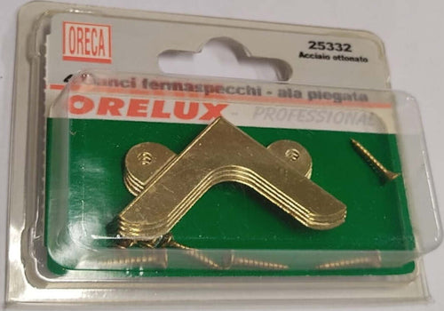 4-PEZZI---GANCI-FERMASPECCHI-AD-ANGOLO-CON-ALA-PIEGATA---PER-SPECCHI-DA-4MM---IN-ACCIAIO-OTTONATO---CON-CHIODI