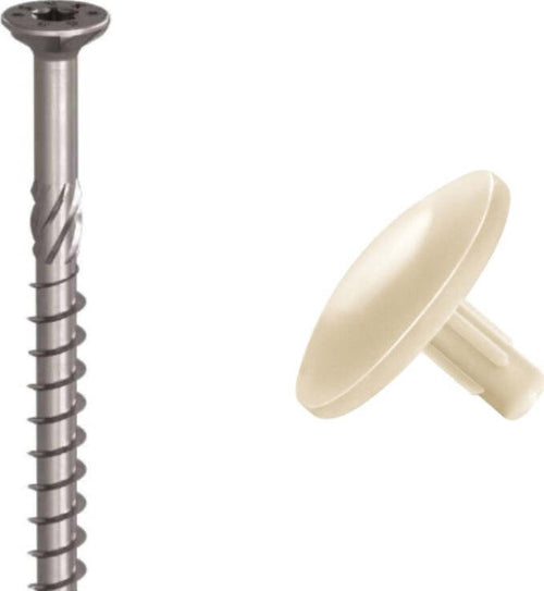 4-PEZZI---VITE-5x38MM-PER-CONNESSIONE-MOBILI-CON-IMPRONTA-A-CROCE-E-FORO-PER-INSERIMENTO-BOTTONE---TAPPI-DI-COPERTURA-IN-PLASTICA-BIANCA-ø12MM