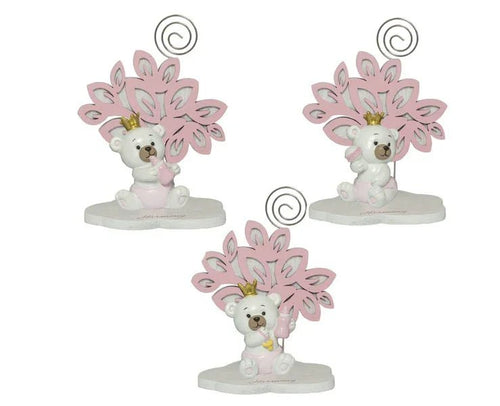 4 Pezzi Bomboniera Nascita Orsetto 3D Rosa con Clip e Bimba Corona