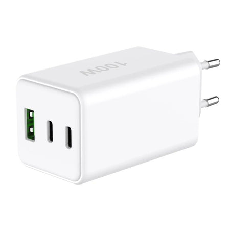 Caricatore Alimentatore GaN 100W 2x USB-C 1x USB-A Power Delivery Fast Charger Bianco