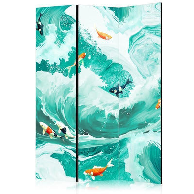 Paravento - Koi Fish Among Waves - Japanese Fish Among Waves in Shades of Turquoise And White