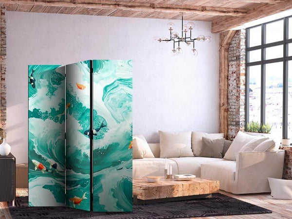 Paravento - Koi Fish Among Waves - Japanese Fish Among Waves in Shades of Turquoise And White