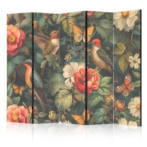 Paravento - In the Botanical Garden - Flowers Birds and Butterflies - Colorful Illustration