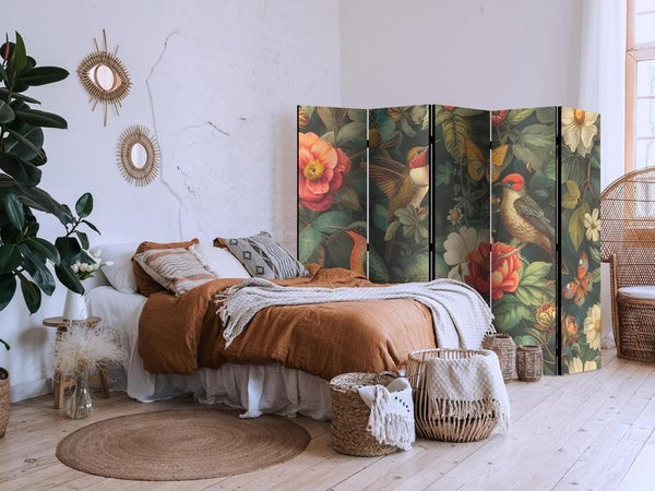 Paravento - In the Botanical Garden - Flowers Birds and Butterflies - Colorful Illustration