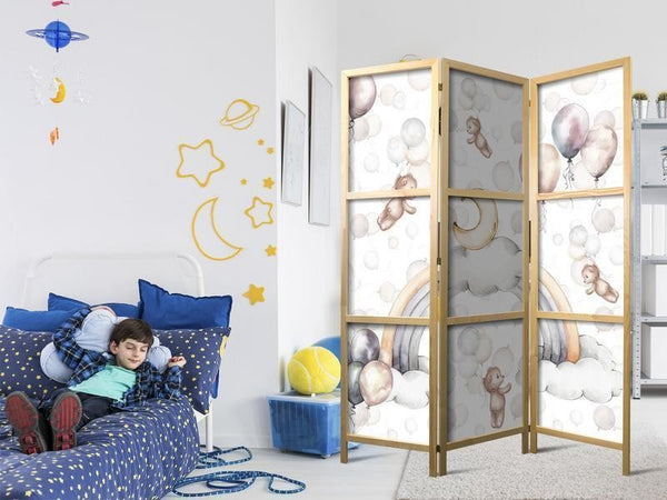 Paravento giapponese - Plush Bears with Balloons - Flying Light-Brown Bears Among Balloons - Clouds - and Rainbows in Su