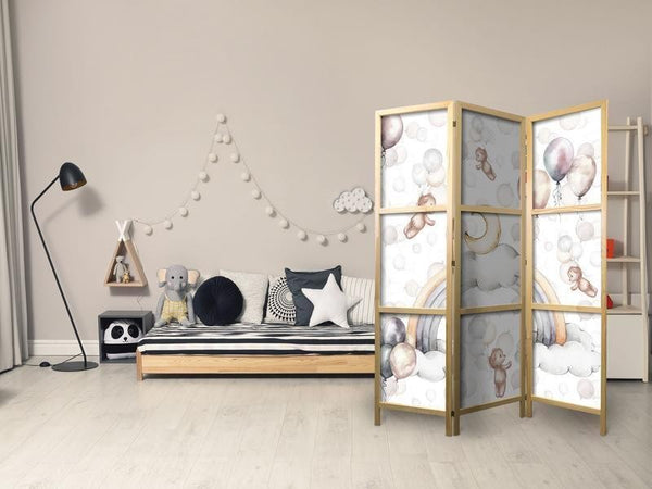 Paravento giapponese - Plush Bears with Balloons - Flying Light-Brown Bears Among Balloons - Clouds - and Rainbows in Su