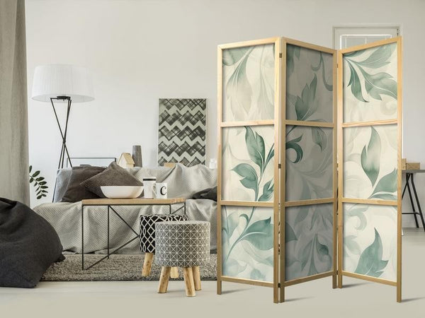 Paravento giapponese - Watercolor Botanical Motif - Delicate Green-Beige Leaves