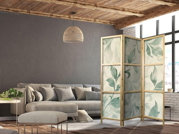Paravento giapponese - Watercolor Botanical Motif - Delicate Green-Beige Leaves