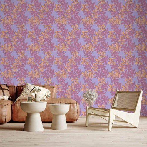 Tappezzeria murale - Exotic - Two-Tone Flowers - Flowers in purple and orange on a blue background