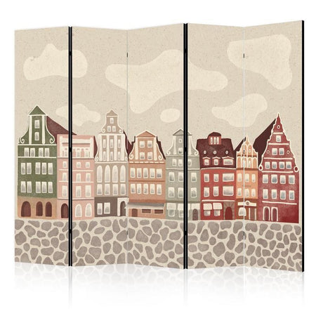 Paravento - Salt Square - Colorful Illustrated Townhouses Against a Sky with Clouds Background