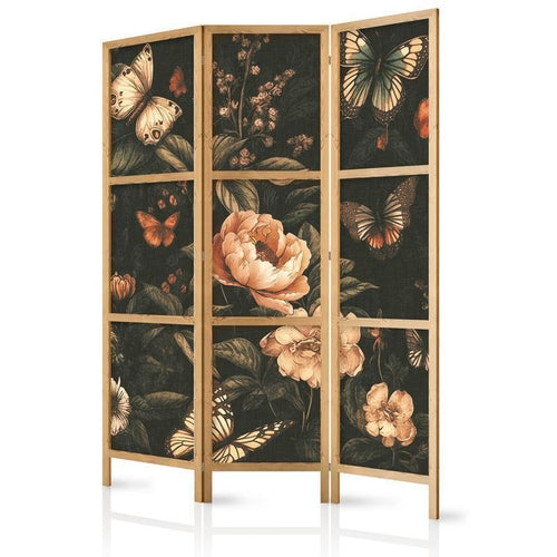 Paravento giapponese - Mysterious Garden - Butterflies Flying Over Flowers - Rustic Evening