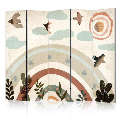 Paravento - Sun Above the Rainbow - Birds in Subdued Colors Flying Among Clouds Above a Rainbow and Vegetation on a Ligh