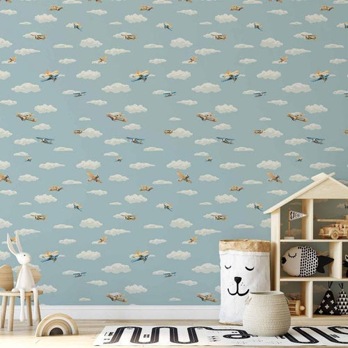 Tappezzeria murale - Illustration - Yellow-blue airplanes against a blue sky