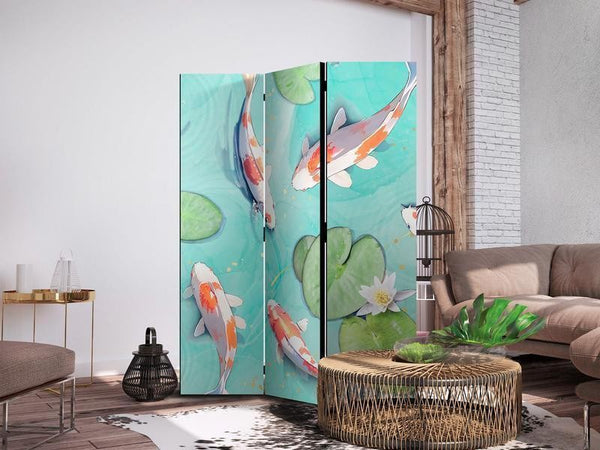 Paravento - Spectacular Fish - White-Orange Koi Fish Swimming in Crystal Clear Water with Water Lilies