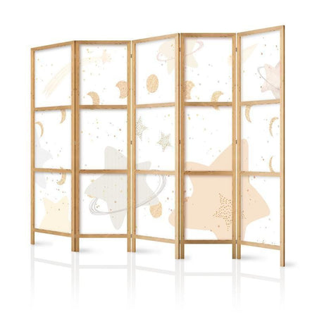 Paravento giapponese - Fairy-Tale Galaxy - Moon phases in shades of yellow among stars in beige and ash colors with star