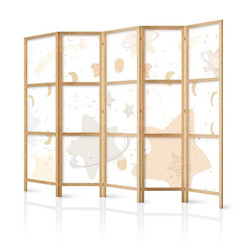 Paravento giapponese - Fairy-Tale Galaxy - Moon phases in shades of yellow among stars in beige and ash colors with star