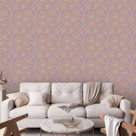Tappezzeria murale - Cute Light-Beige Little Flowers - Small flowers with beige - undulating petals on a blue background