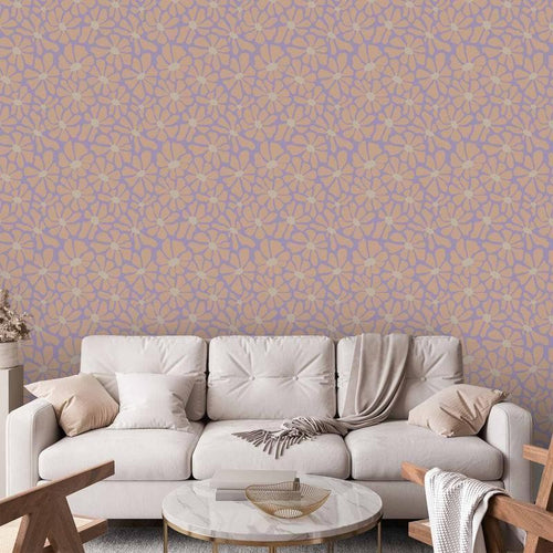 Tappezzeria murale - Cute Light-Beige Little Flowers - Small flowers with beige - undulating petals on a blue background