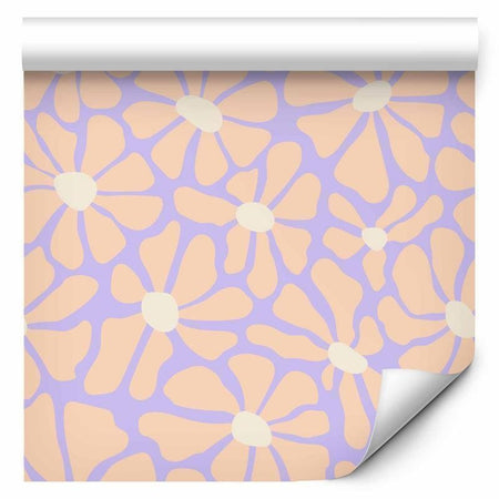 Tappezzeria murale - Cute Light-Beige Little Flowers - Small flowers with beige - undulating petals on a blue background