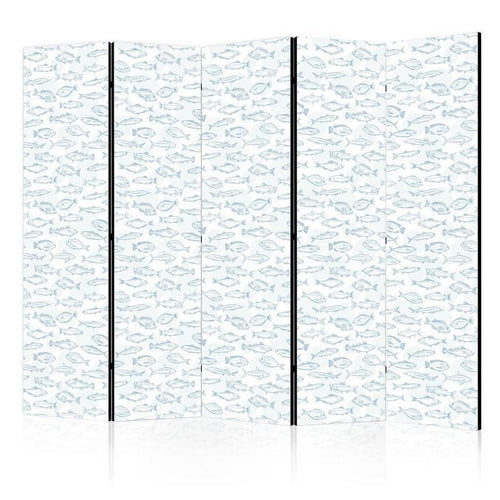 Paravento - Blue Fish - Blue Outlines of Various Fish Species on a White-Blue Background