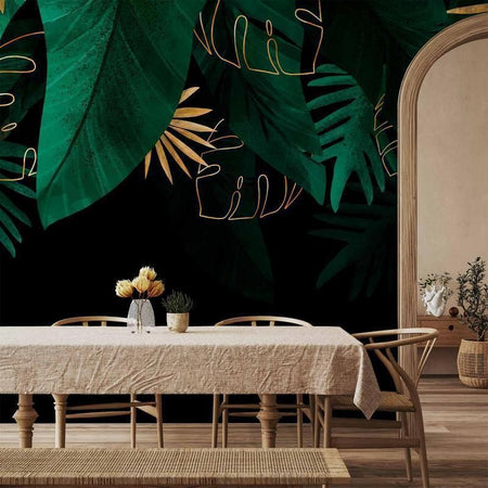 Carta da parati - Jungle and composition - motif of green and golden leaves on a black background