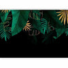 Carta da parati - Jungle and composition - motif of green and golden leaves on a black background