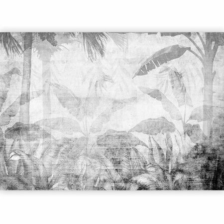 Carta da parati - Vanishing jungle - landscape of exotic trees and leaves in grey tones