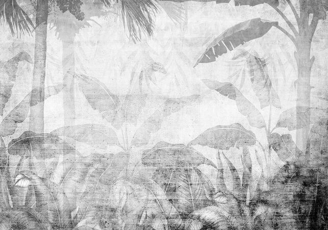 Carta da parati - Vanishing jungle - landscape of exotic trees and leaves in grey tones