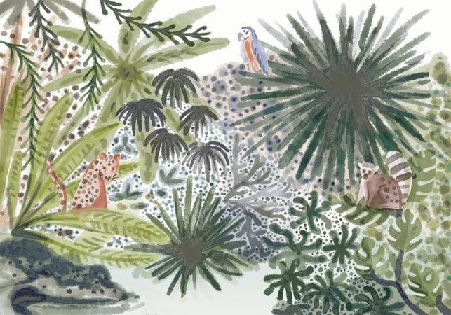Carta da parati - Flora of Madagascar - Tropical Landscape With Watercolour Animals