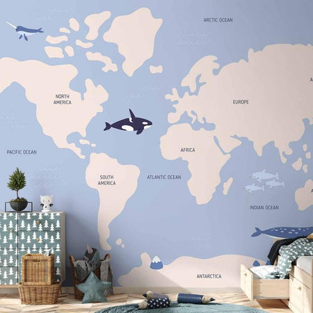 Carta da parati - Pastel Planet - Animals and Underwater Plants on a Map